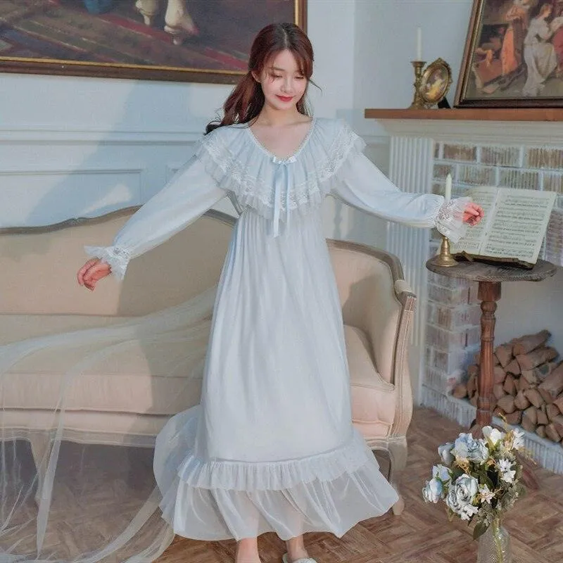 Vintage Luxury Modal Gauze Women's Long Nightgowns, Long Sleeve Soft Lace Spring Autumn Loose Nightdress