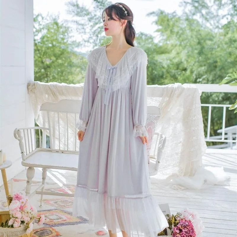 Vintage Luxury Modal Gauze Women's Long Nightgowns, Long Sleeve Soft Lace Spring Autumn Loose Nightdress