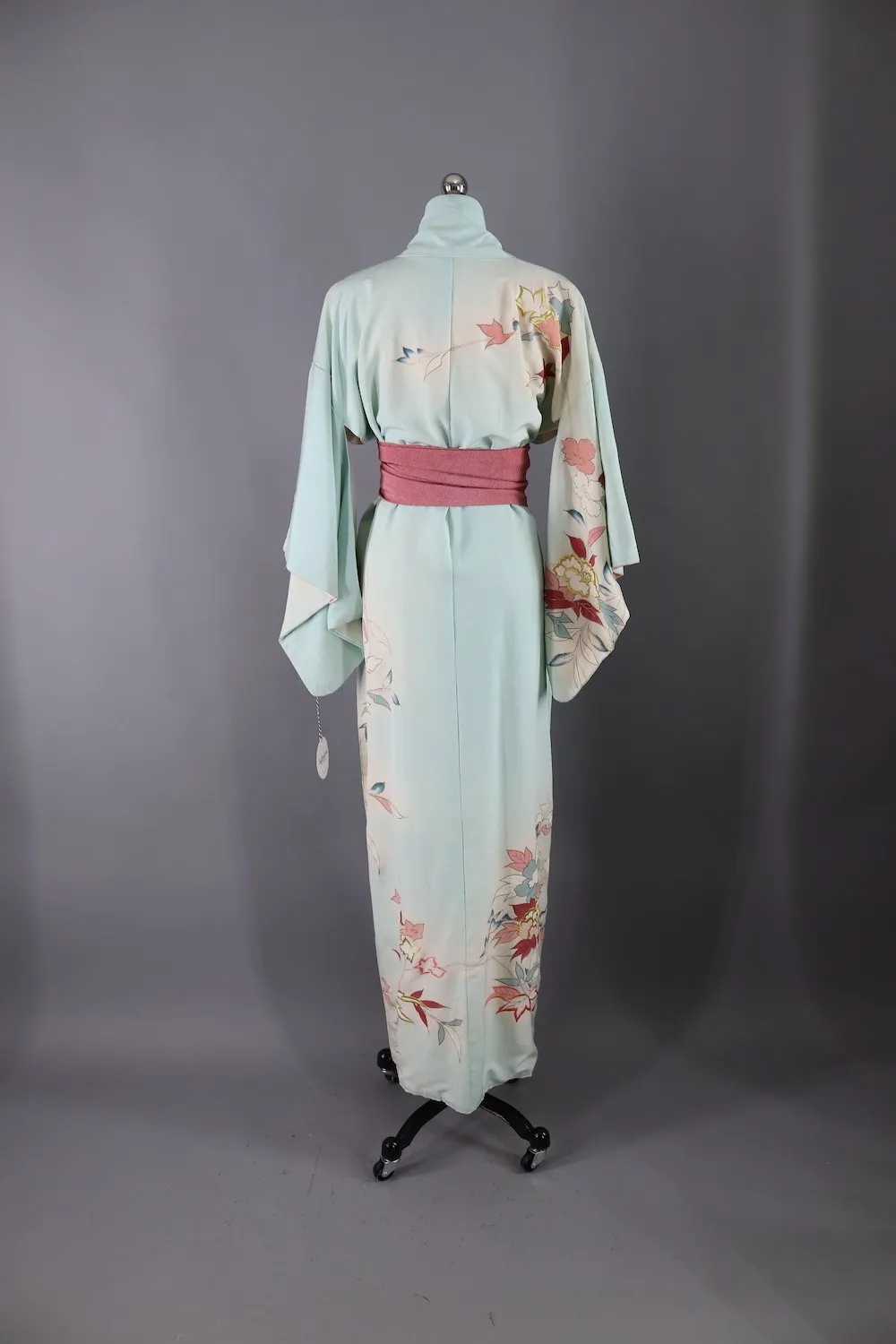 Vintage Silk Kimono Robe / Light Blue and Pink Embroidered Floral Print