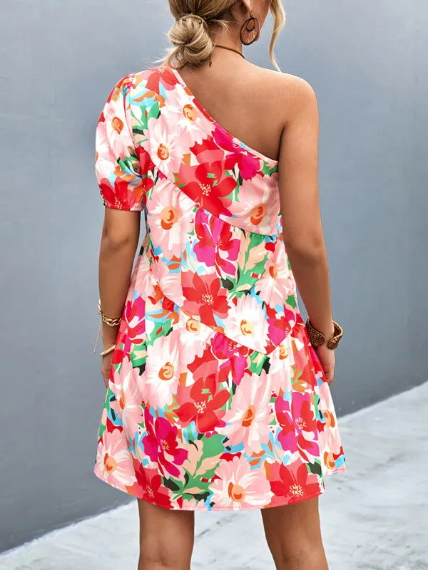 Vivid Flower Bloom Drop Shoulder Mini Dresses