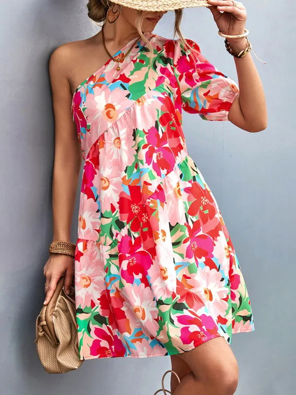 Vivid Flower Bloom Drop Shoulder Mini Dresses