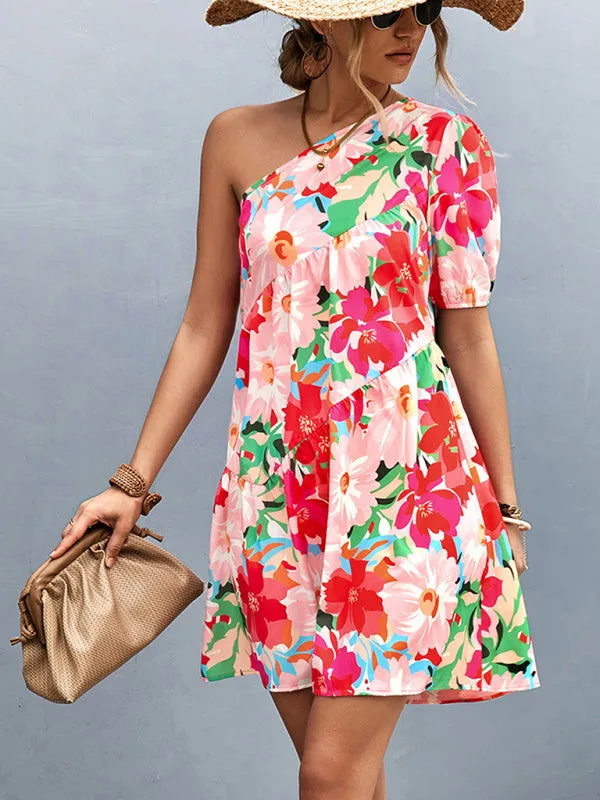 Vivid Flower Bloom Drop Shoulder Mini Dresses