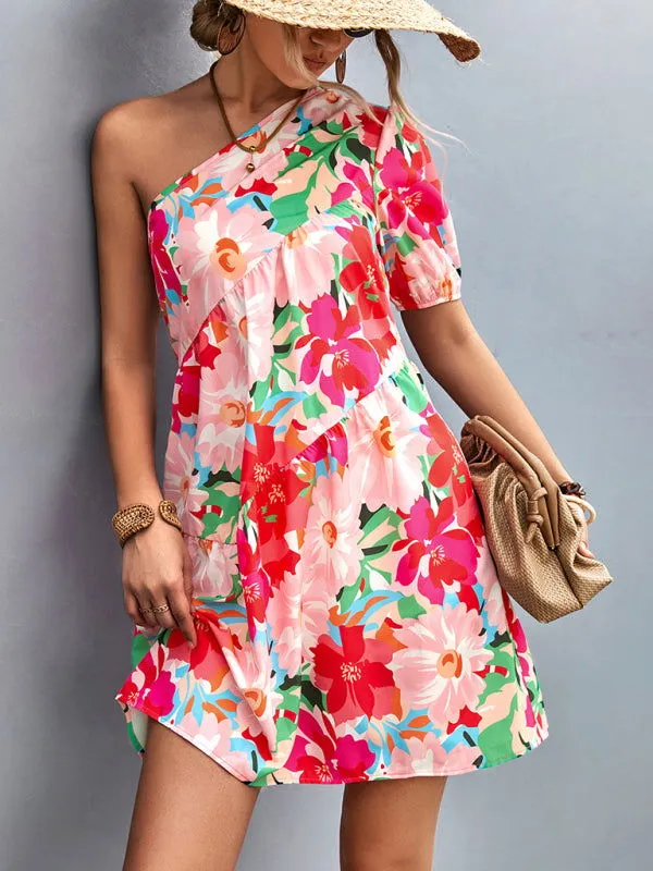 Vivid Flower Bloom Drop Shoulder Mini Dresses