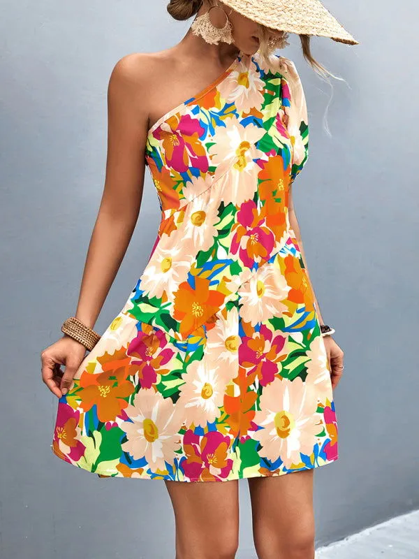 Vivid Flower Bloom Drop Shoulder Mini Dresses