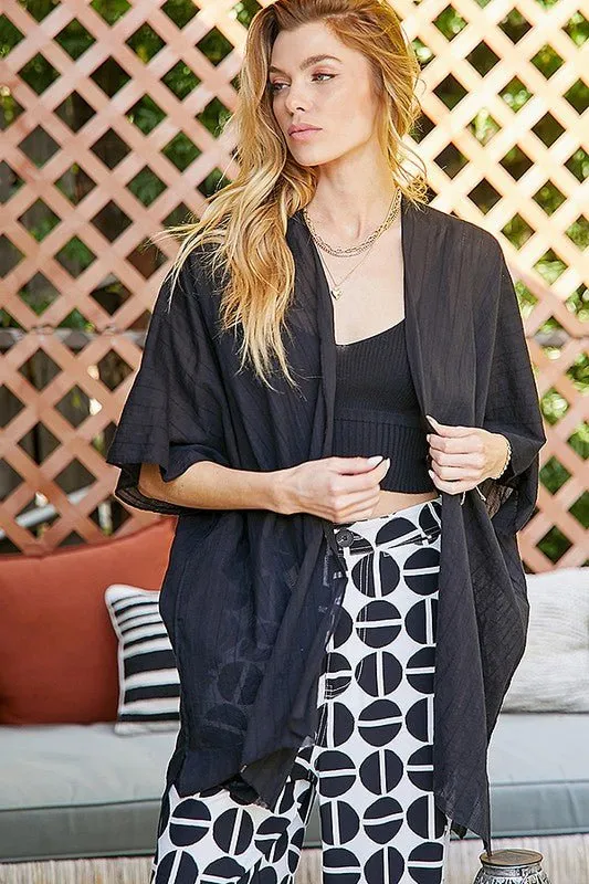 Washed Cotton Voile Strip Texture Kimono (Black)