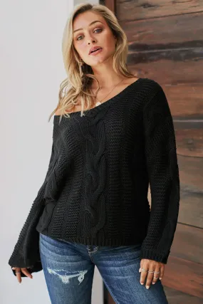 Winter Black Bubblegum V-Neck Braided Knit Sweater