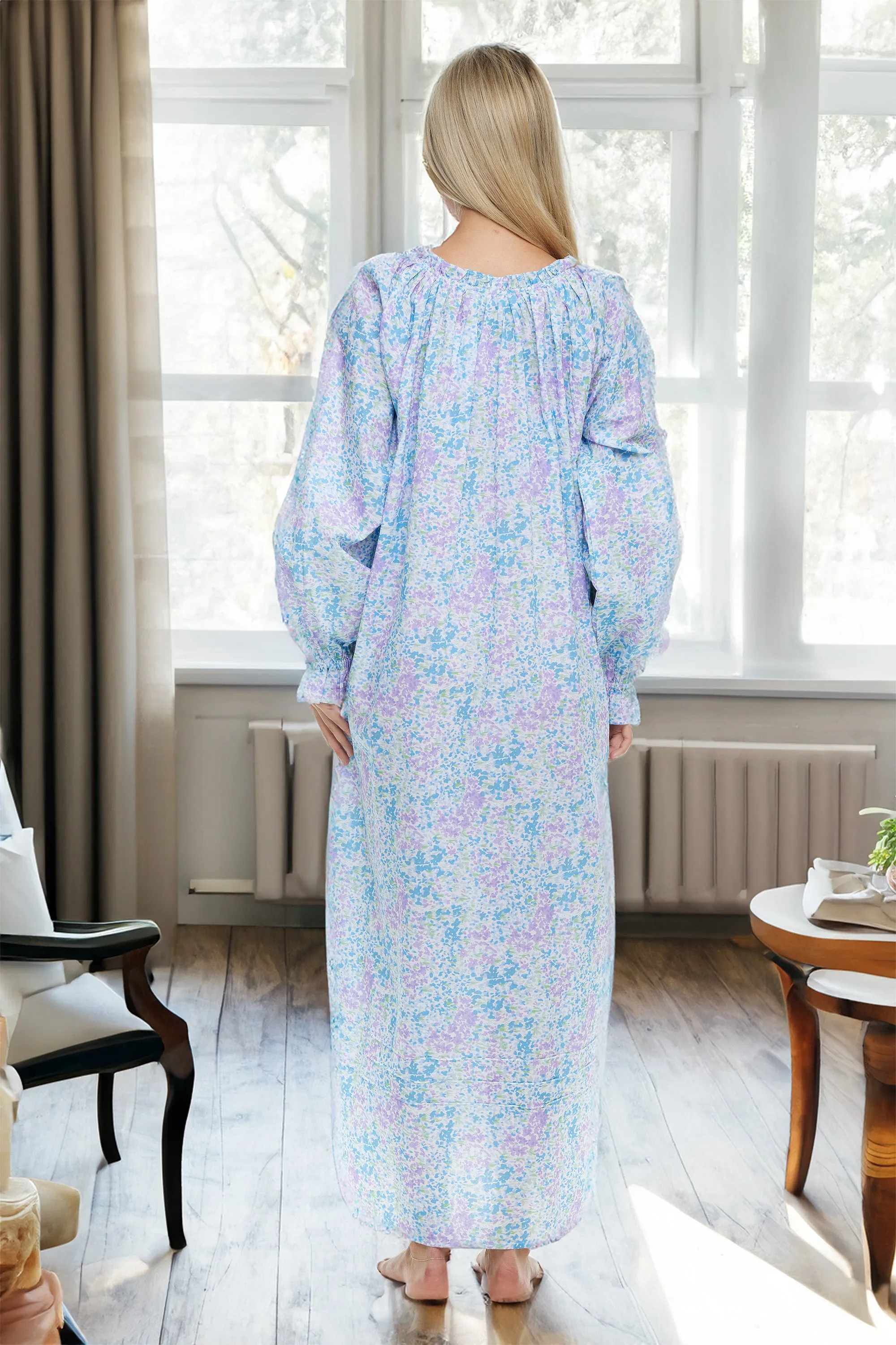 Women Cotton Victorian Nightgown Pockets, Long Sleeve Poet Nightshirt Ruffled Vintage Night Dress Gown