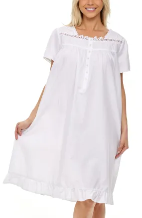 Women's Cotton Victorian Nightgown, Sophia Short Sleeve Lace Trimmed Button Up Short Sleeve Nightshirt