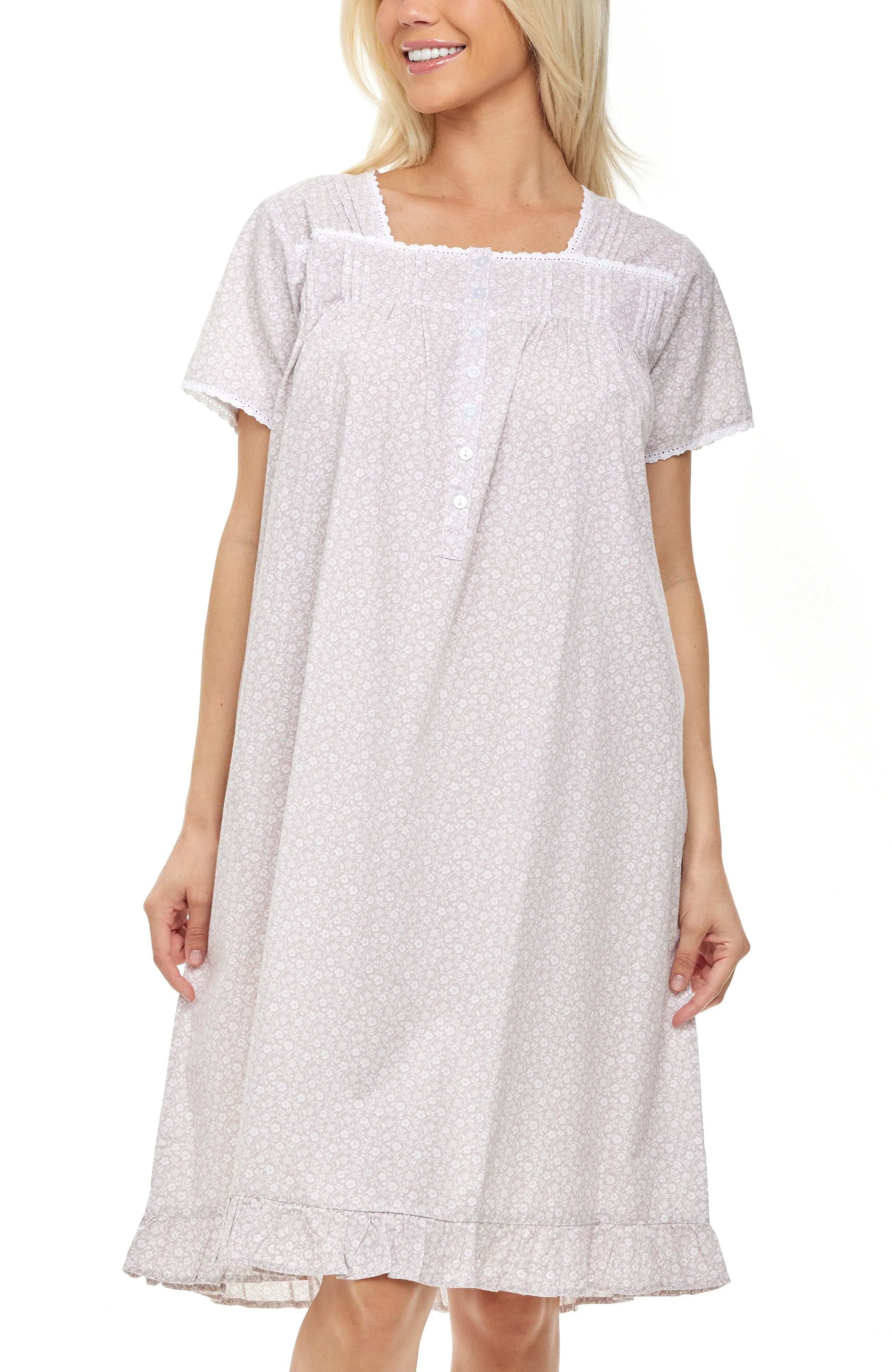 Women's Cotton Victorian Nightgown, Sophia Short Sleeve Lace Trimmed Button Up Short Sleeve Nightshirt