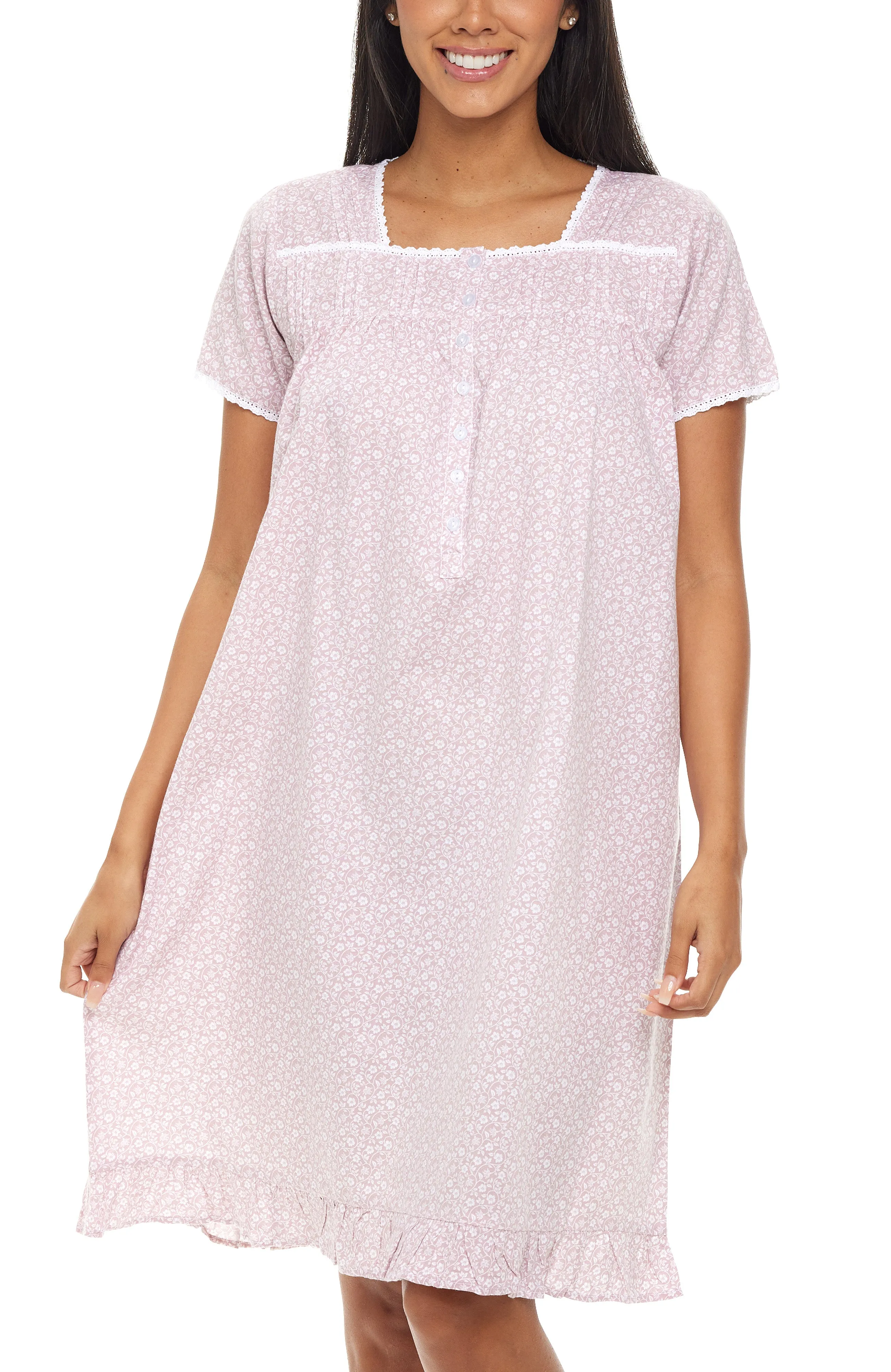 Women's Cotton Victorian Nightgown, Sophia Short Sleeve Lace Trimmed Button Up Short Sleeve Nightshirt