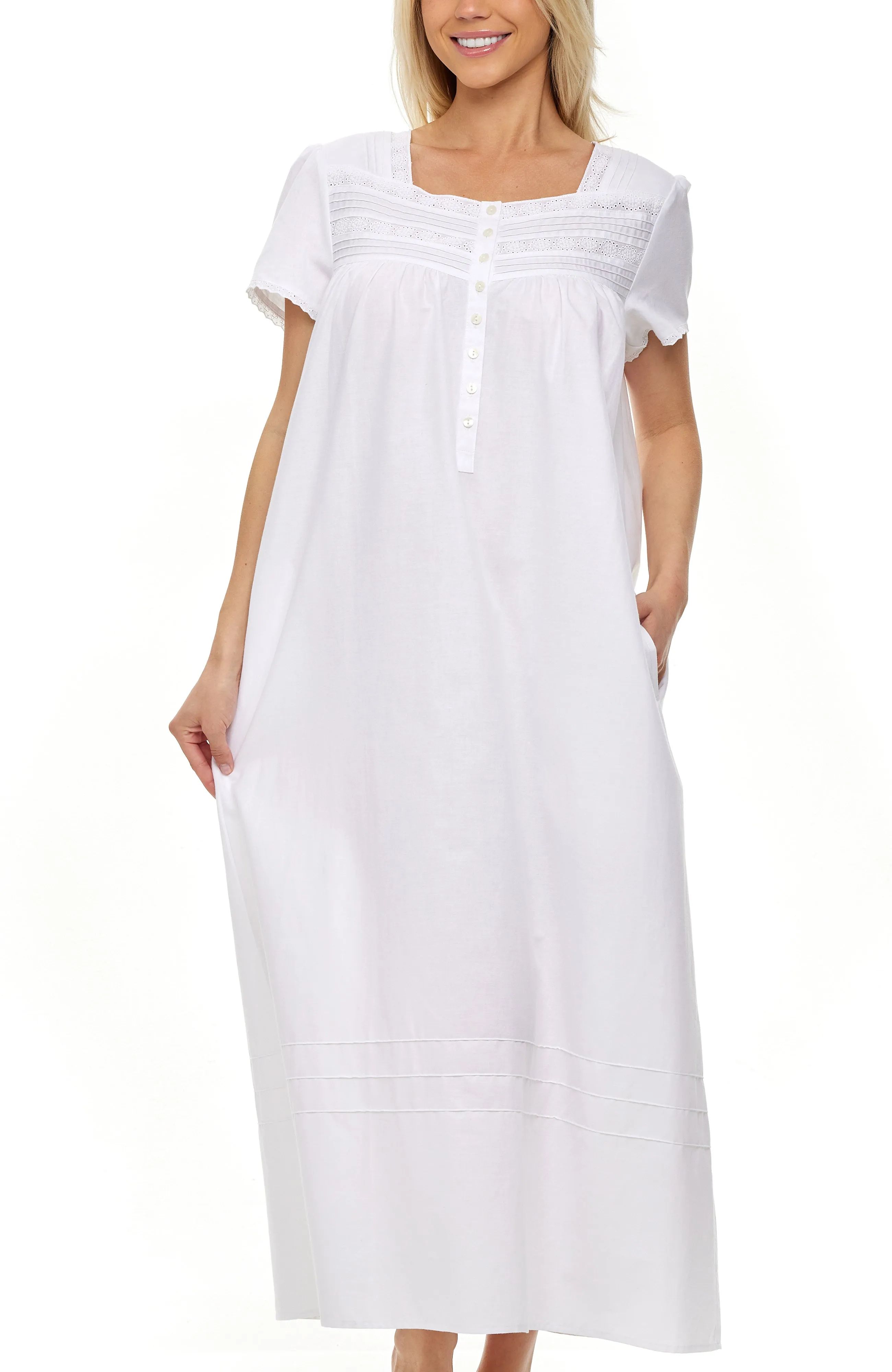 Women's Cotton Victorian Nightgown with Pockets, Florence Short Sleeve Lace Trimmed Button Up Long Night Dress