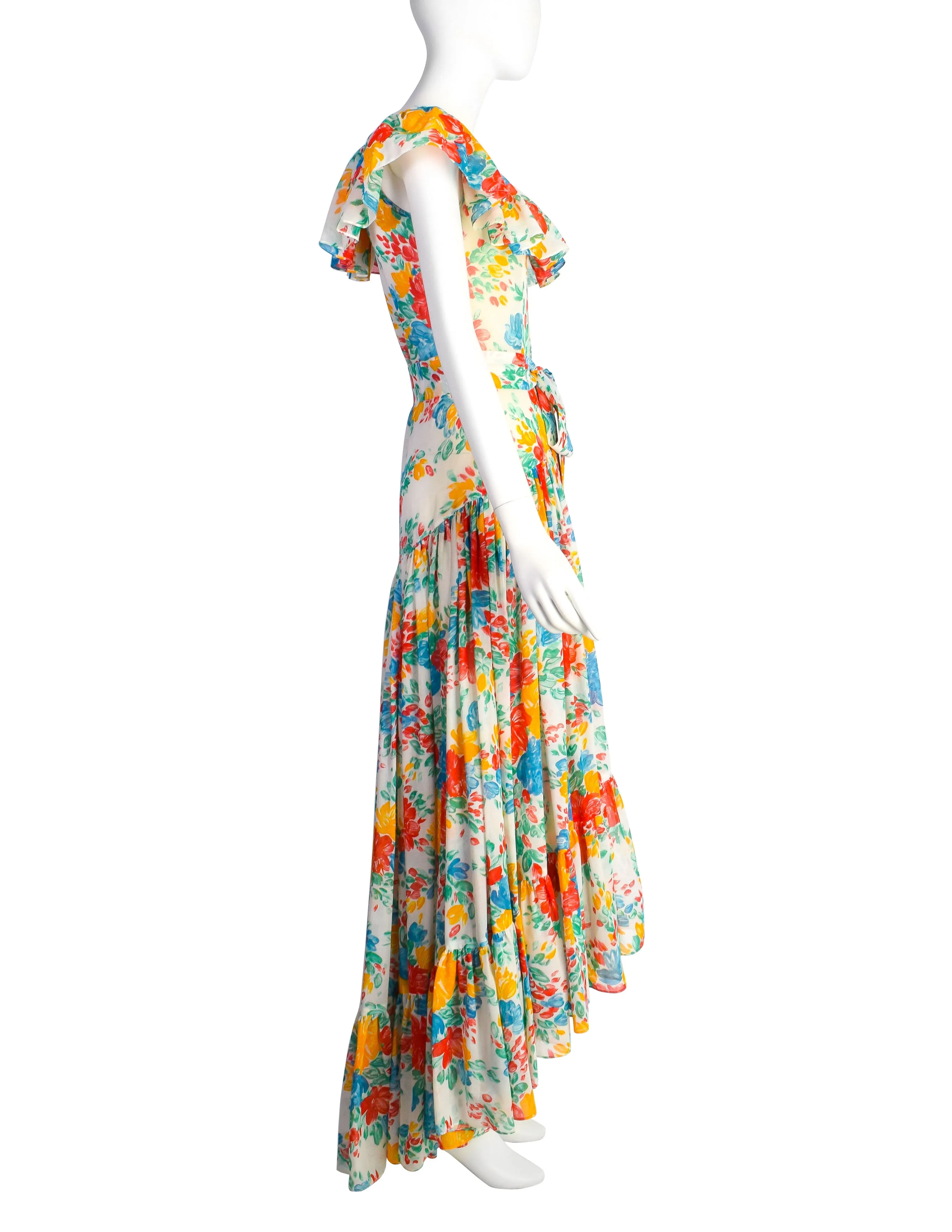 Yves Saint Laurent Vintage 1970s White Red Yellow Blue Vivid Floral Cotton Ruffle Dress