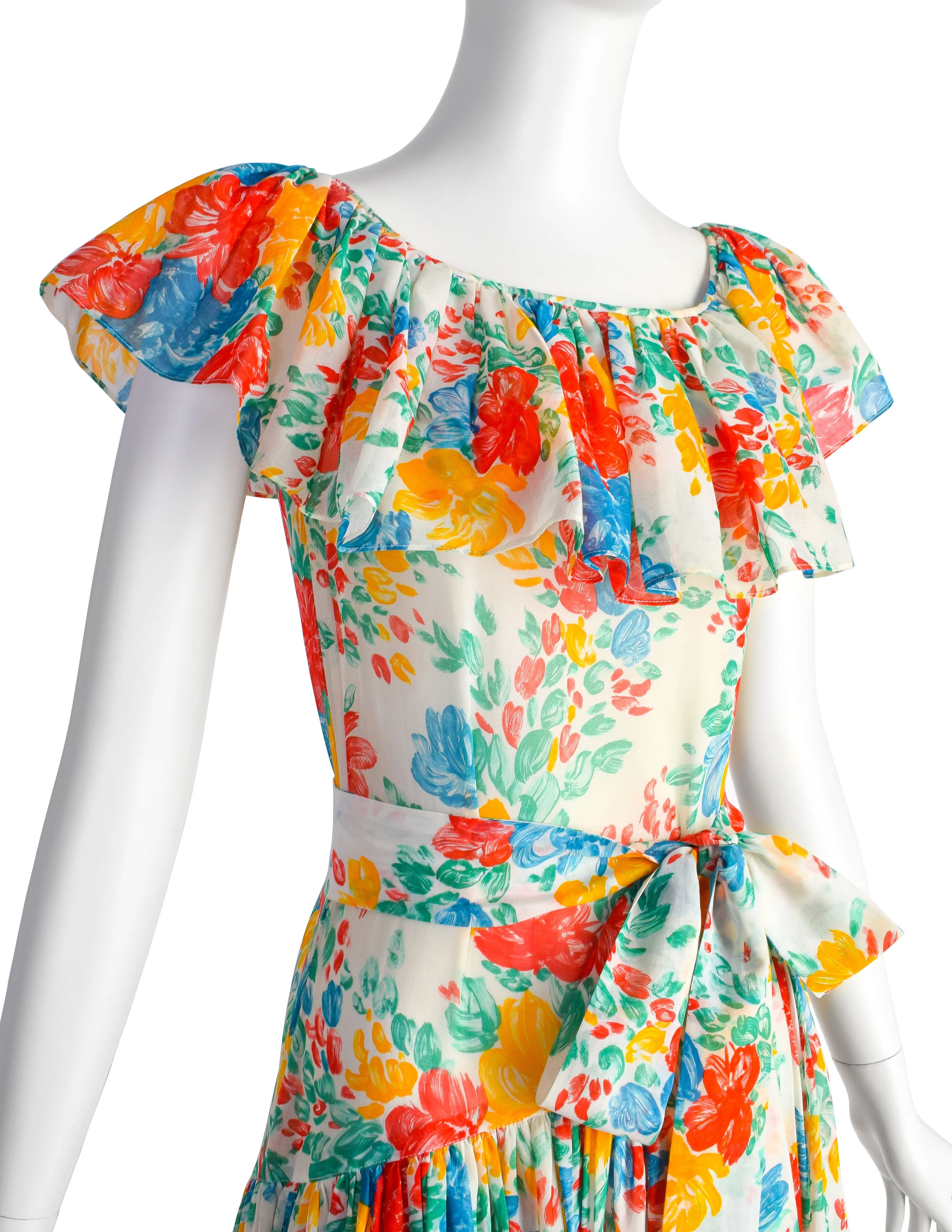 Yves Saint Laurent Vintage 1970s White Red Yellow Blue Vivid Floral Cotton Ruffle Dress