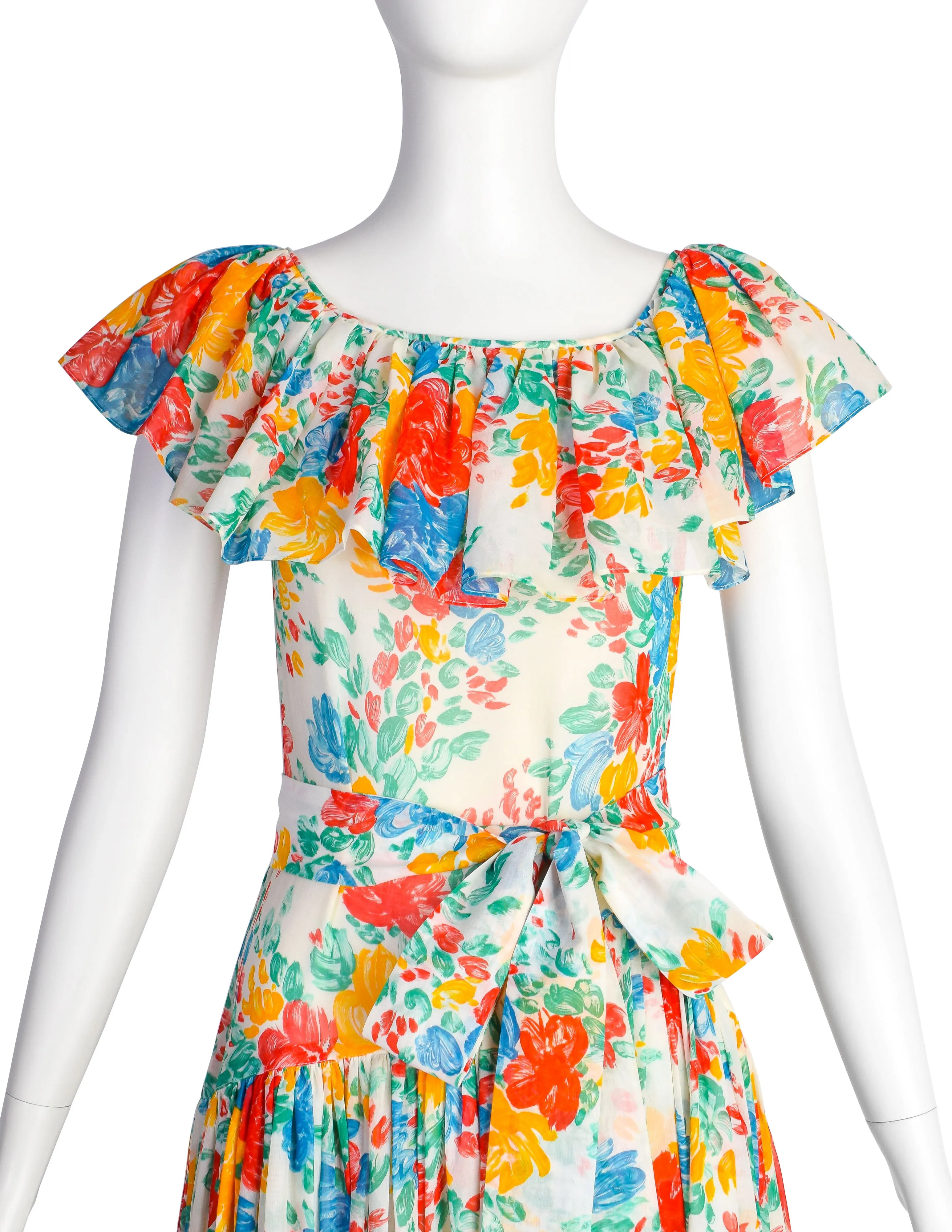 Yves Saint Laurent Vintage 1970s White Red Yellow Blue Vivid Floral Cotton Ruffle Dress