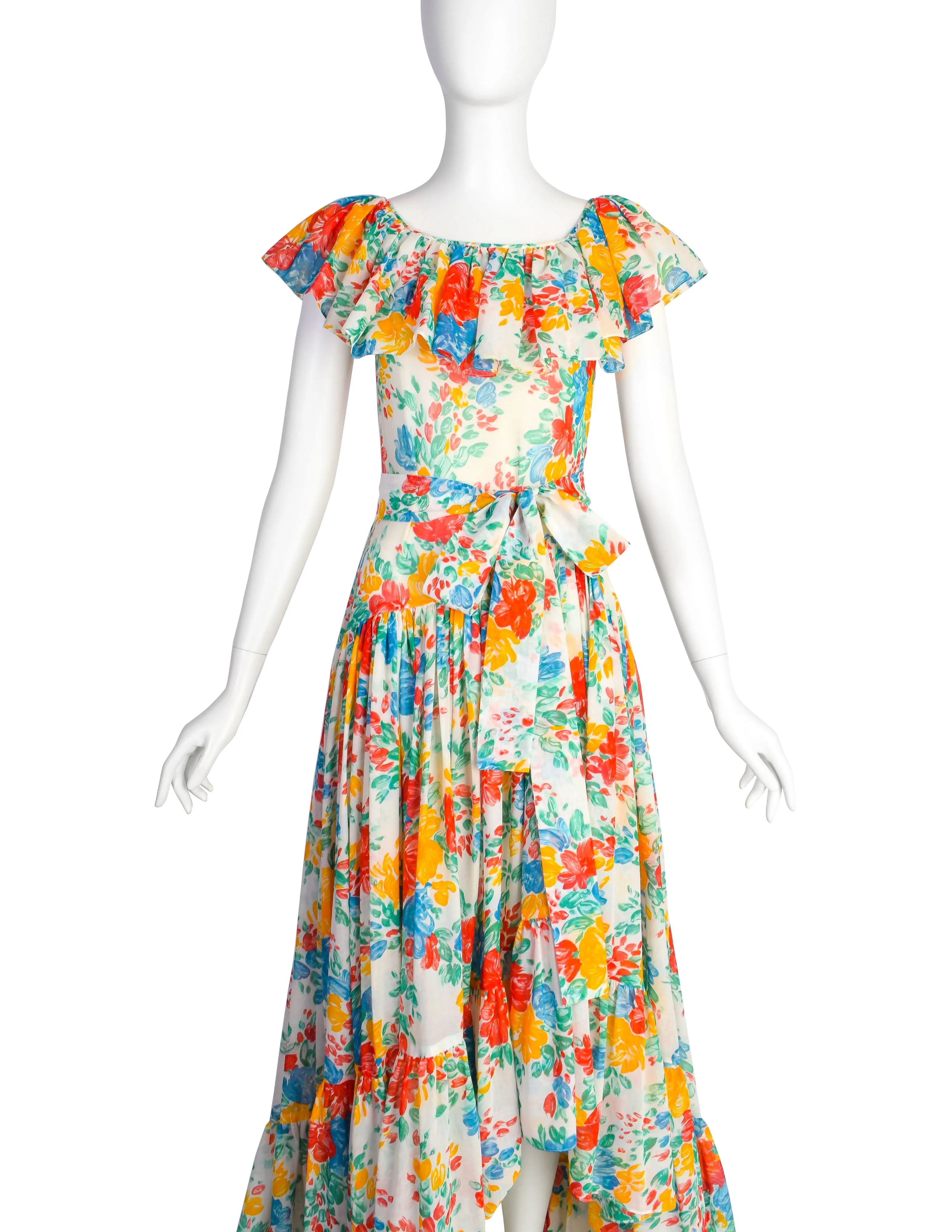 Yves Saint Laurent Vintage 1970s White Red Yellow Blue Vivid Floral Cotton Ruffle Dress